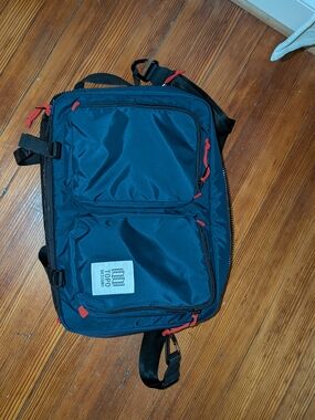 Topo Designs Navy Messenger Bag with Red Accents